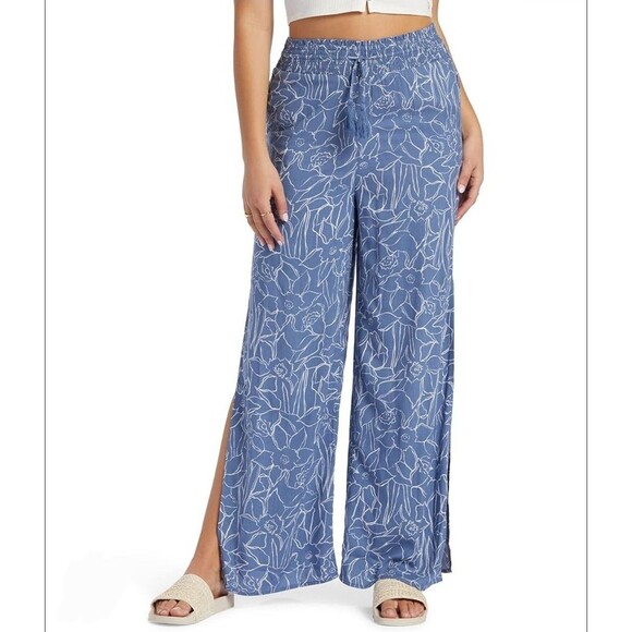 Roxy Pants Womens XXL Blue Wide Leg Floral Print Elastic Waist Boho Peasant - Picture 1 of 12